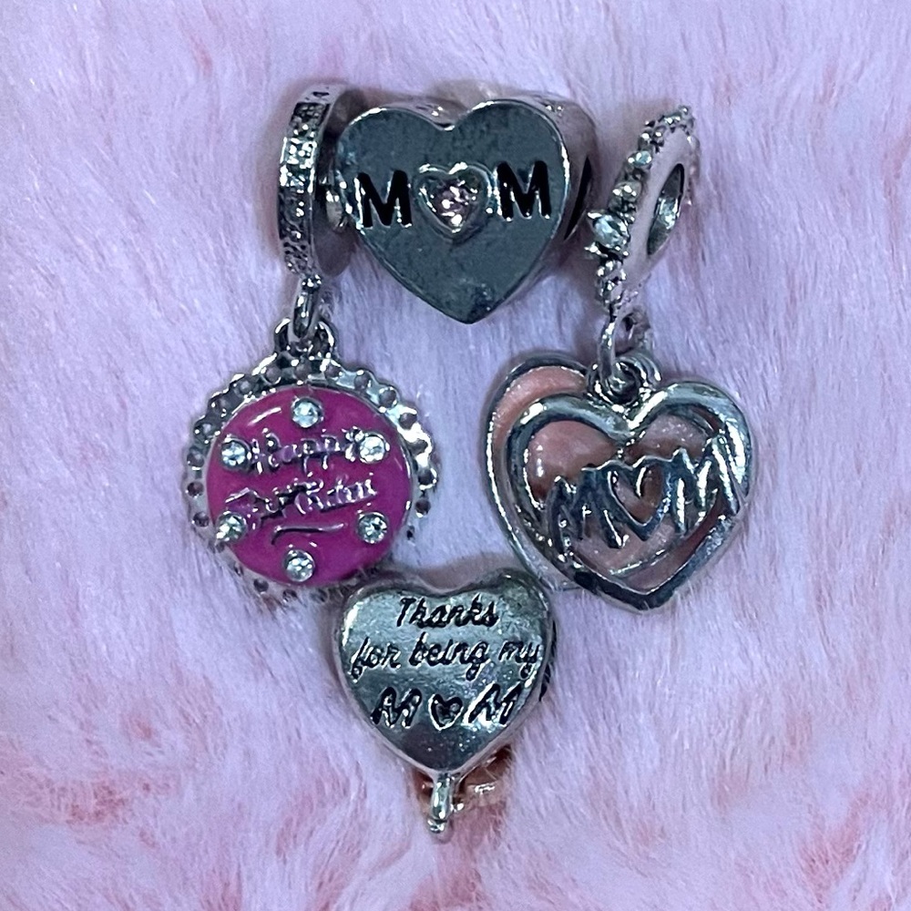 4 Mom Heart Charm Set with Pink Accents /Not Pandora
